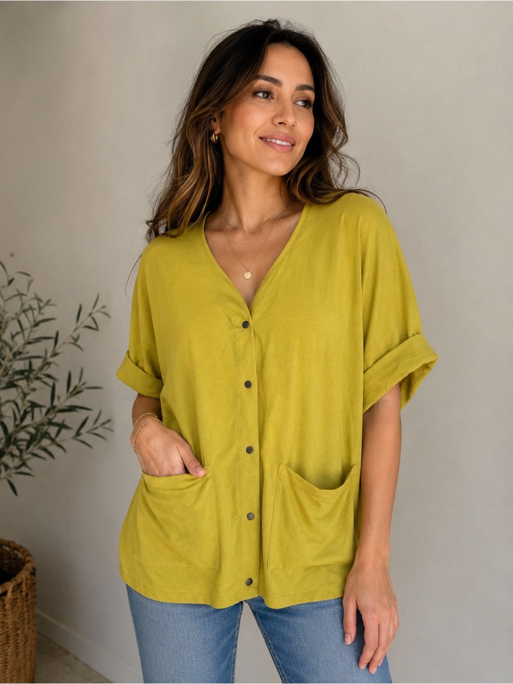 Alembika Mustard Yellow Oversized Button Front Pocket Top | Size S